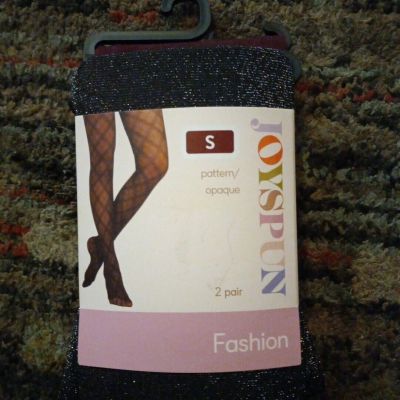 1 Pack of 2 Joyspun Opaque & Silver Black Crushed Plum Shimmer Tights Size Small